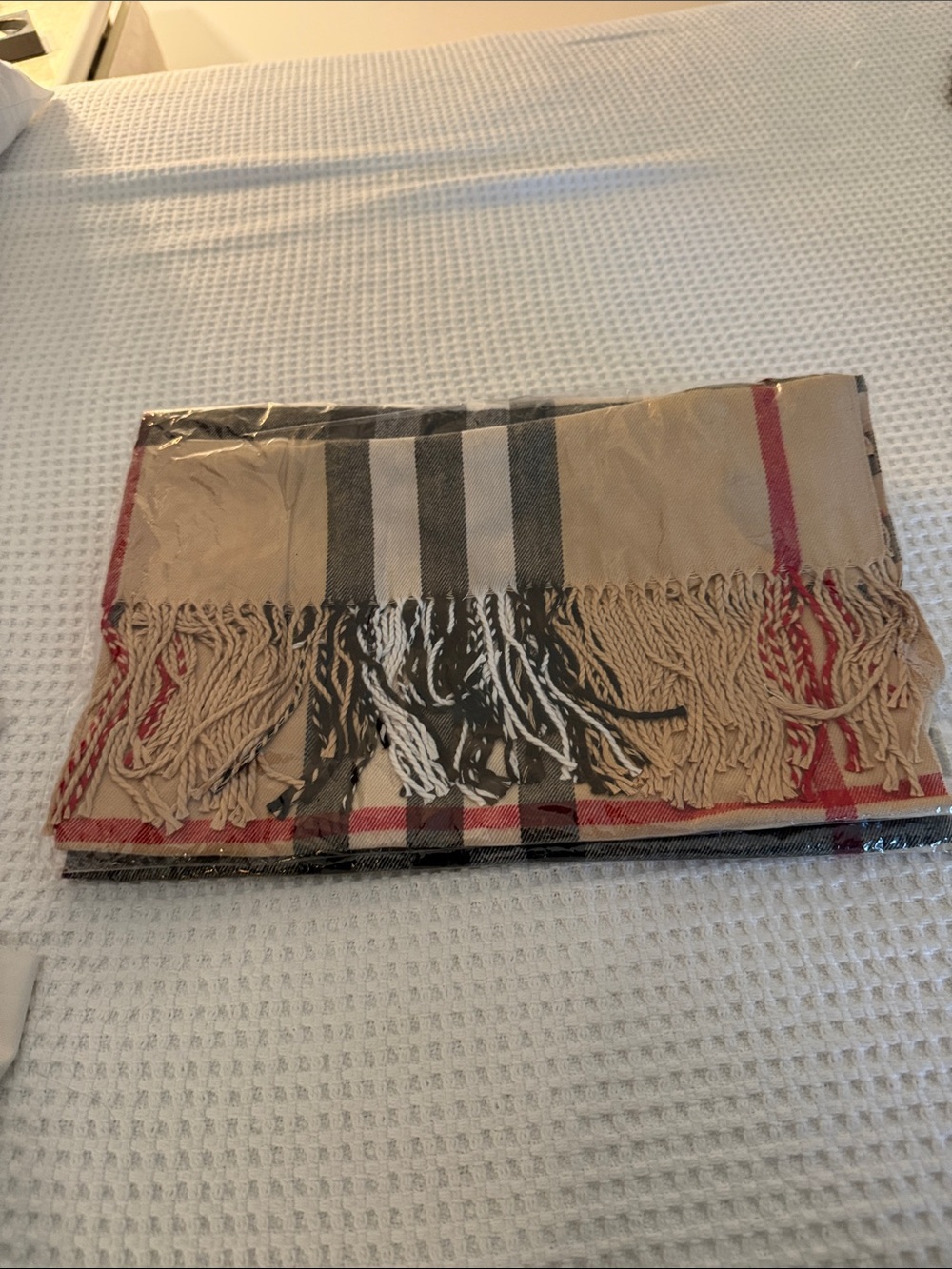 Classic Plaid Fringe Scarf in Beige, Black & Red